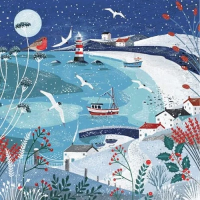 Image of Museums &amp; Galleries Pack of 5 Artistic Charity Christmas Cards Coastal Lovely Illustration a Winter Scene by Jo Parry 1 Design, Multi, 160 x 160mm