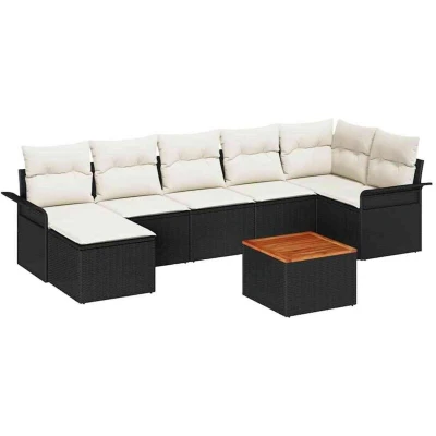 Image of vidaXL 8 Piece Garden Sofa Set with Cushions Black Poly Rattan Acacia