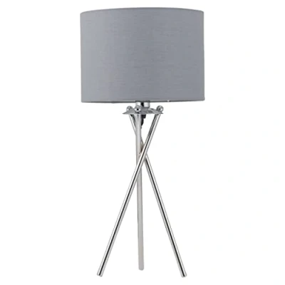 Image of firstchoicelighting Polished Chrome Tripod Table Lamp or Bedside Light, Modern Design, Grey Cotton Fabric Shade, Height 52cm, LED Compatible