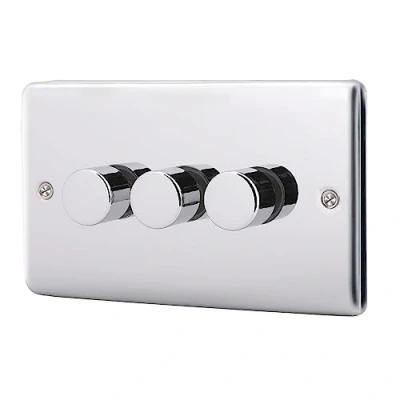 Image of ASAB 3 Gang 2 Way Push Dimmer 400W PGM 33865 Brushed Steel Easy to On Off Button Control Two Dimming Design Installation with Fixing Screws Suitable for LED Tungsten Lamps