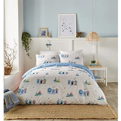 Image of Fusion Nautical Blue Duvet Cover Single Bedding Size (140 x 200cm) Reversible (2 Designs) Seaside/Sailing Boats &amp; White with Coastal Theme Beach Huts Bed Set