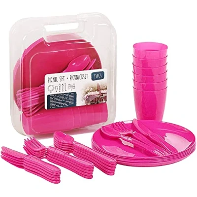 Image of 31 Piece Camping Picnic Plastic Utensils BBQ Set with Knives Forks Spoons Cups &amp; Plates (Pink)