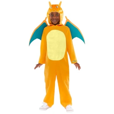 Image of amscan 9918506 Unisex Kids Official Pokémon Charizard Hooded Jumpsuit Fancy Dress Costume Age: 3 4 Yrs
