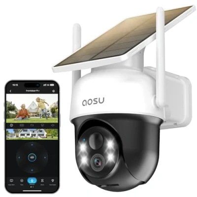 Image of AOSU 2K/3MP WiFi Security Camera Outdoor Wireless, Solar Camera, Home Surveillance Cameras with Panoramic PTZ, Automatic Tracking, Colour Night Vision, Light&amp;Sound Alarm, 2 Way Audio, 2.4 GHz