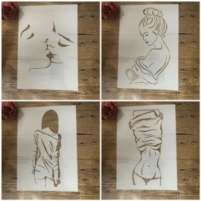 Image of Stencils for Painting on Wood,4Pcs A4 29cm Sexy Girl Lovers Kiss Reusable Painting,Stencils Craft,Walls Stencils,DIY Art Projects