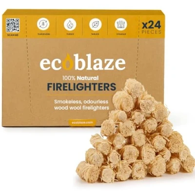 Image of Ecoblaze Natural 24 Firelighters Fire Lighters for BBQ, Pizza Oven, Pits Wood Wool Starters Perfect Garden Life &amp; Camping, Safe, Clean Wax Coated Instant Firestarter