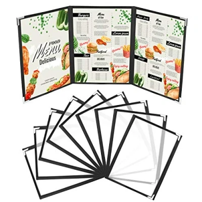 Image of Kurtzy Triple Fold A4 Menu Covers (10 Pack) 3 Double View American Style Holders Black Trifold Clear with Corner Protectors For Restaurants, Bars, Cafes, Food &amp; Drink