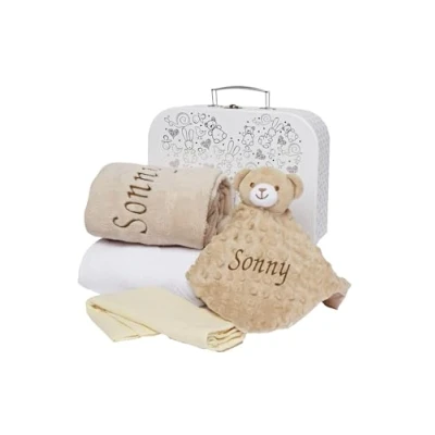 Image of Baby Box Shop Personalised Gift Hamper Unisex Newborn Set in White Keepsake Case with Blanket, Hooded Towel, Milestone Card &amp; Bear Comforter Shower Gifts for Boys or Girls (Beige)