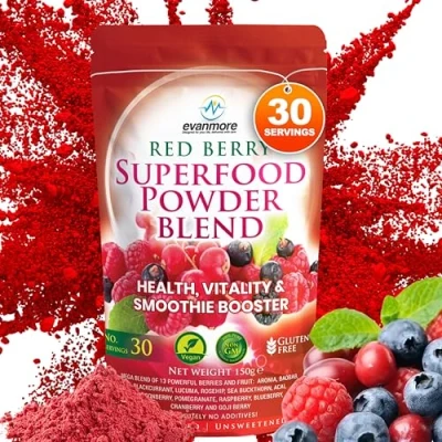 Image of Red Berry Superfood Powder Blend Evanmore Super Complete Reds Mix Vegan &amp; Vegetarian Friendly Smoothie Juice Health Vitality Booster Supplement 150g / 30 Servings Natural Gluten Free Megablend