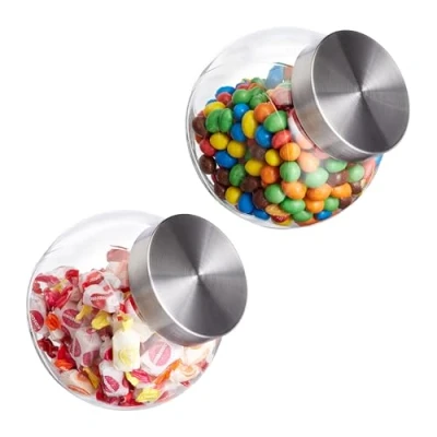 Image of Relaxdays Storage Jars, Set of 2, 1.5 L, Containers for Sweets &amp; Candy, Stainless Steel Lids, Pantry Kitchen, Clear, Plastic, Glass