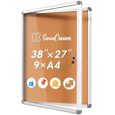 Image of SWANCROWN Lockable Notice Cork Board, Tamperproof Wall Display Board with Locking Door for Office School Home, 98x72cm(9xA4)