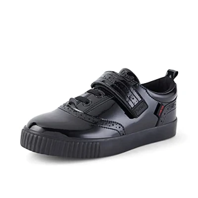 Image of Kickers Junior Girl&#039;s Tovni Brogue Black Leather School Shoes, Patent Black, 2 UK