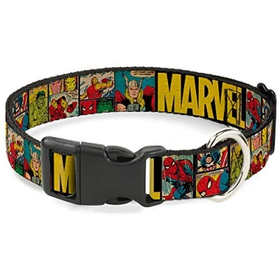 Image of Buckle Down &quot;MARVEL/Retro Comic Panels&quot; Plastic Clip Collar, Black/Yellow, 1&quot; Wide Fits 11 17&quot; Neck Medium