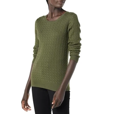 Image of Amazon Essentials Women&#039;s Lightweight Long Sleeved Cable Crewneck Sweater (Available in Plus Size), Dark Olive, M