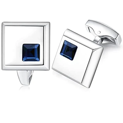 Image of HONEY BEAR Square Crystal Cufflinks for Men Shirt Business Wedding Gift (Blue)