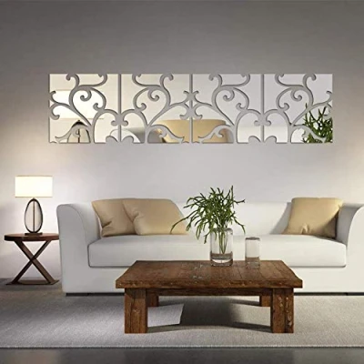 Image of 3D Mirror Wall Stickers, 4 Pcs Acrylic Square Geometric Pattern DIY Art Decals, Self Adhesive Plastic Sheet Tiles Home Decoration for Living Room Bedroom Stair Decor (Floral 4pcs)