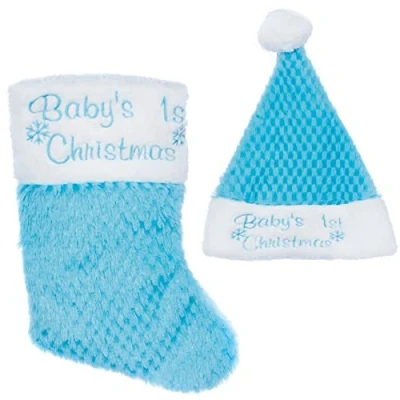 Image of Premier Decorations Baby&#039;s 1st Christmas Hat and Stocking Set Blue