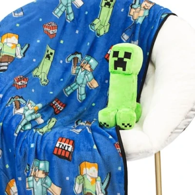 Image of Jay Franco Minecraft Creeper Plush Mini Pillow Buddy &amp; 130 x 150cm Fluffy Throw Blanket Set Kids Super Soft 2 Piece Cuddle
