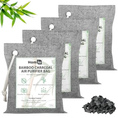 Image of Homiu Bamboo Charcoal Air Purifying Bags 4 Pack 200g Natural Odour Eliminator Activated Absorber Fresheners for Room Shoe Deodoriser Car freshener Moisture