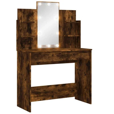 Image of vidaXL Smoked Oak Makeup Vanity Desk with LED Lights and Contemporary Style Dressing Table Multifunctional Storage Adjustable Mirror