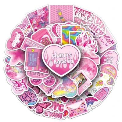 Image of Y2k Stickers for Laptop (50 PCS),Gift Children Teens Adults Girl Boys,Waterproof Water Bottle,Pink Vinyl Scrapbook,Skateboard,Bike,Phone,Dairy