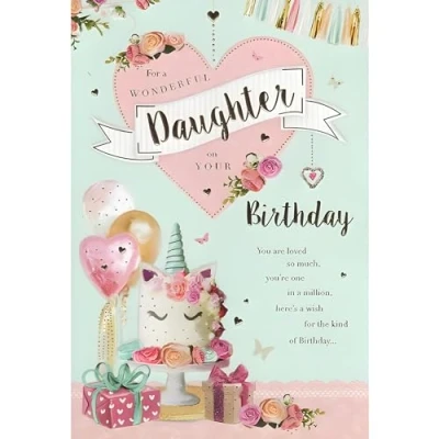 Image of Daughter Birthday Card Wonderful Special Finish Unicorn Cake and Flowers Artistic Feminine Design Illustrated Insert Leaf Made in the UK Eco Friendly