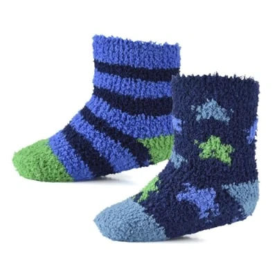 Image of Infant Baby Girls Boys Slipper Fluffy Socks With Gripper Pack of 2 Comfortable AZ648 Blue 12 24 M