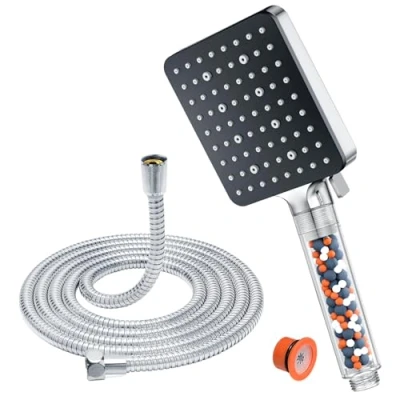 Image of Shower Head and Hose 1.6M with Filter YEAUPE PRO Square High Pressure Bathroom Heads (115*100mm) 6 Jet Modes,Large Powerful Flow Rain Showerhead for Low Hard Water