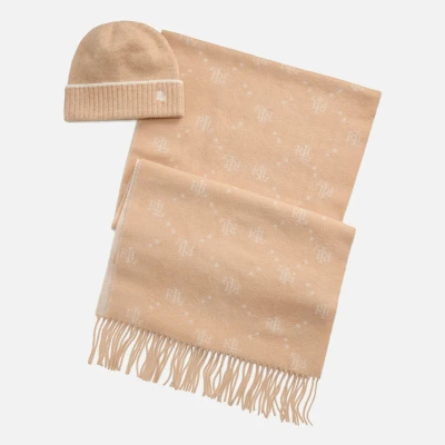 Image of Lauren Ralph LOGO Jacquard Scarf &amp; Beanie SET Scarf, Women&#039;s, Size: One Size, Classic camel