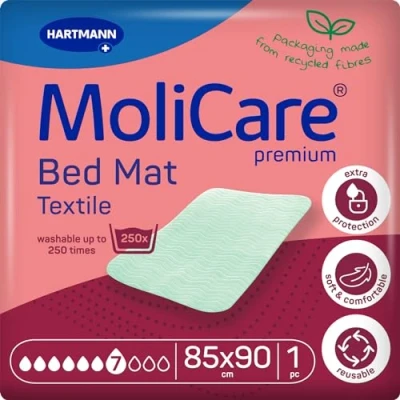 Image of MoliCare Premium Bed Mat Textile 7 Drops (1950 ml Capacity) Washable Incontinence Pad with Tucks for Adults or Children, Waterproof Mattress Protector, 75x85 cm, Oekotex Certified, Pack of 1