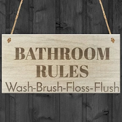 Image of RED OCEAN Bathroom Rules Novelty Wooden Hanging Plaque Shabby Chic Toilet Door Wall Sign