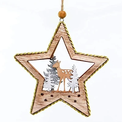 Image of 11cm Christmas Tree Ornaments Standing Deer Wooden Aesthetic Star Shape Hanging Decorations Xmas DIY Holiday Home Décor