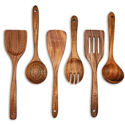 Image of Kitchen Utensil Sets, GreyWooden Set,6Pcs Wooden Cooking Utensils for Non Stick Pan Spoons 100% Natural Teak Spatula