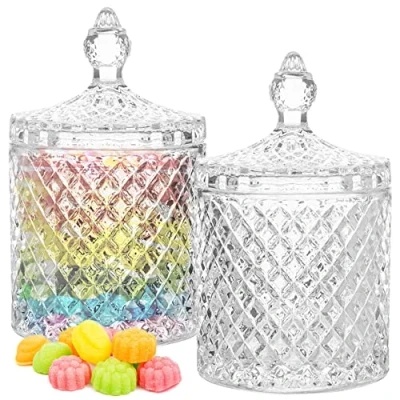 Image of WSAMJIN 2 Pieces Crystal Glass Candy Jar, 300ml Organiser Jar with Lid, Diamond Faceted Storage Jars Clear Bowl for Buffet, Snack, Jewelry (3.27 x 5.5 inches)