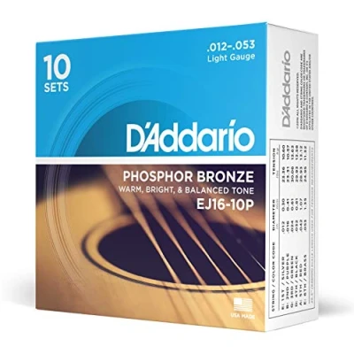 Image of D&#039;Addario Guitar Strings Phosphor Bronze Acoustic EJ16 10P Superb, Long Lasting Tone, Comfortable Playability For 6 String Guitars 12 53 Light, 10 Pack