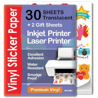 Image of Premium Semi Clear Printable Vinyl Sticker Paper 30 Sheets A4 Transparent for Laser &amp; Inkjet Waterproof That Dries Quickly Compatible with Cricut