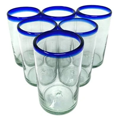 Image of Dos Sueños Hand Blown Mexican Drinking Glasses Set of 6 with Cobalt Blue Rims (14 oz each)