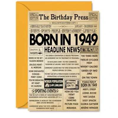 Image of 75th Birthday Cards for Women Men Born In 1949 Newspaper Happy 75 Card Grandma Grandad Nan Vintage Retro Back 1949, A5 Seventy Five Fifth Bday Greeting