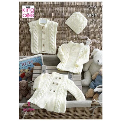 Image of King Cole 5223 Knitting Pattern Baby Sweater Coat Gilet and Hat in Comfort Aran