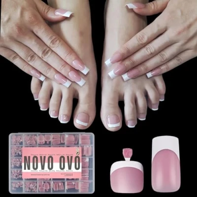Image of NOVO OVO French Tip Hand and Toe Nail Tips Press on kit, BERRY PINK Square Soft Gel Extension, Round Toenails, Pre applied Primer &amp; Base Coat, Full Cover Matte for DIY x 15 Sizes