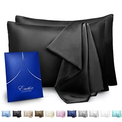 Image of Enetix Silk Satin Pillowcase for Hair and Skin, 2 Pack with Gift Package, Acne Free Hidden Zipper Pillow Cover (Standard (50 x 75cm), Black)