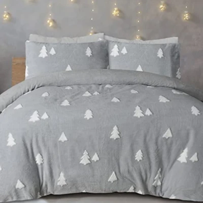 Image of Sleepdown Teddy Fleece Tree Jacquard Grey Reversible Duvet Cover Quilt Bedding Set with Pillowcase Thermal Warm Cosy Super Soft Easy Care Bed Linen Single (135cm x 200cm), 5056557512300, Gray