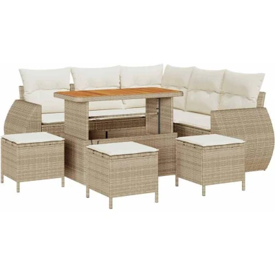 Image of vidaXL 9 Piece Garden Sofa Set with Cushions Beige Poly Rattan Acacia
