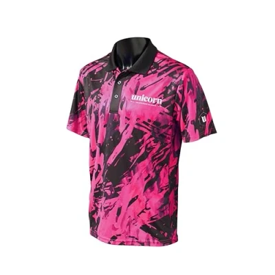 Image of Unicorn Darts Shirt Pro Tech Camo Cool Breathable Soft Feel Micro Mesh 3 Tuk Polyester Pink with Black Collar &amp; White Logo Medium to fit Chest 39 41 inches