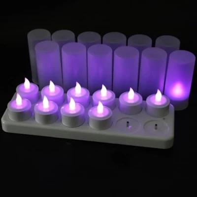 Image of EuroFone Rechargeable LED Candles Tealight Purple Candle Flameless with Charging Station Holder (12pcs)