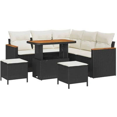 Image of vidaXL 8 Piece Garden Sofa Set with Cushions Black Poly Rattan Acacia