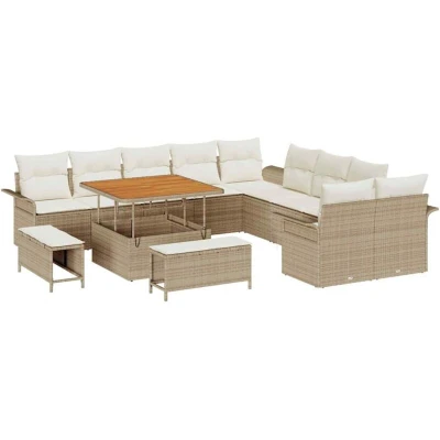 Image of 13 Piece Garden Sofa Set with Cushions Beige Poly Rattan Acacia Vidaxl