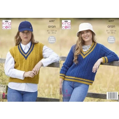 Image of King Cole Ladies Aran Knitting Pattern Womens V Neck Sweater &amp; Tank Top (6097)