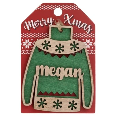 Image of Megan Name Christmas Jumper Wooden Tree Decoration Personalised Bauble Xmas Green