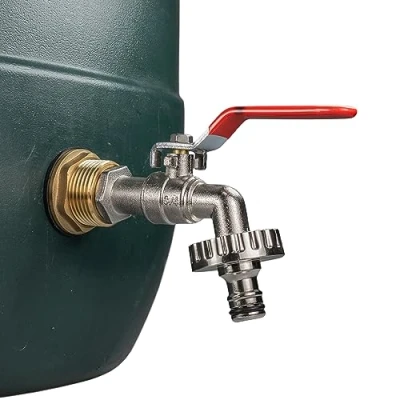 Image of Solid brass water butt/rain barrel/tank threaded outlet adaptor/connector with 2 washers and nut,range of tap options (lever tap+quick connector)